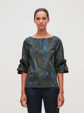 COS Olive Green Top with Blue Abstract Brushstrokes